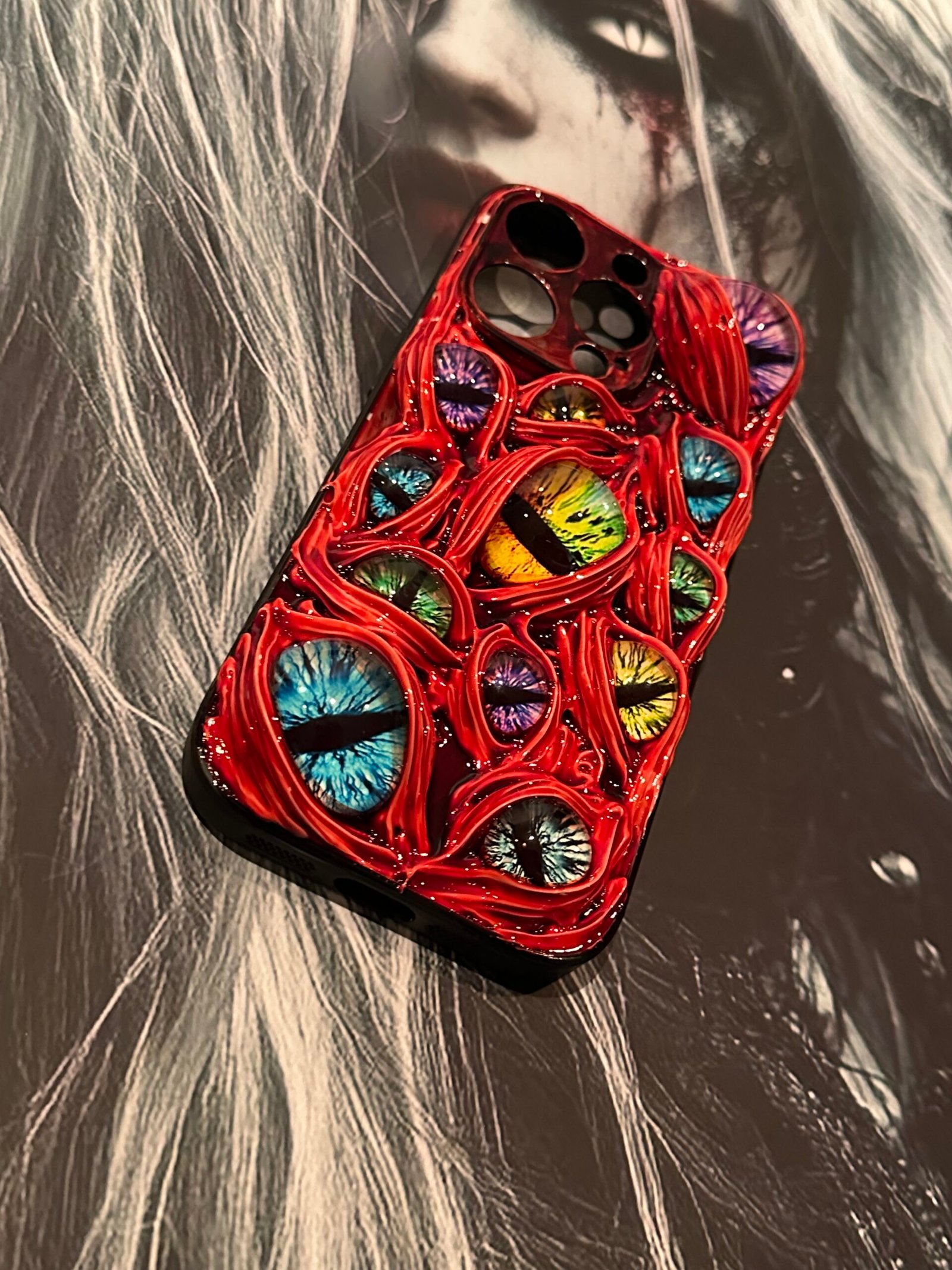 Dark Red Eyes Phone Case With Rainbow Eyes