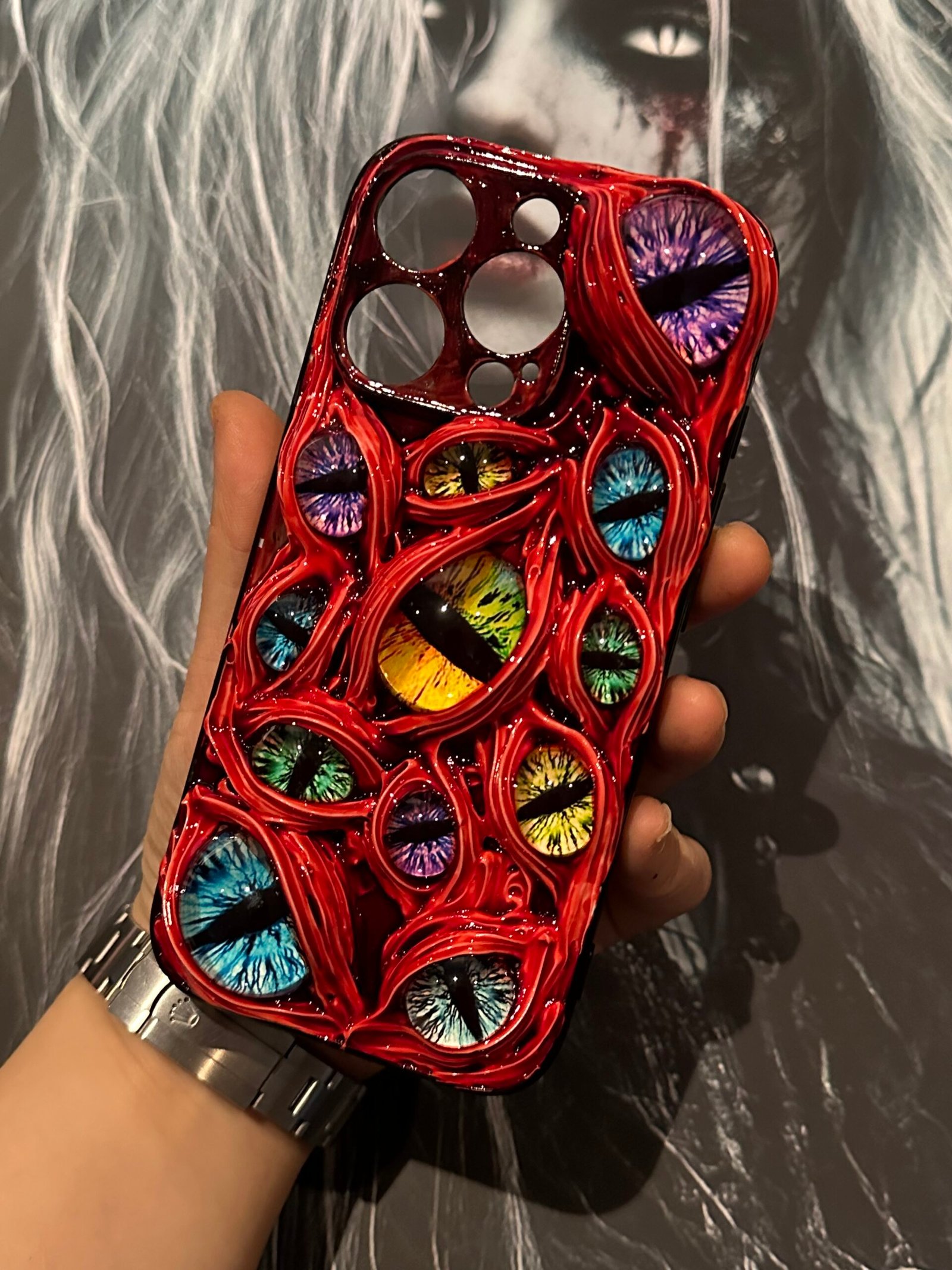 Dark Red Eyes Phone Case With Rainbow Eyes